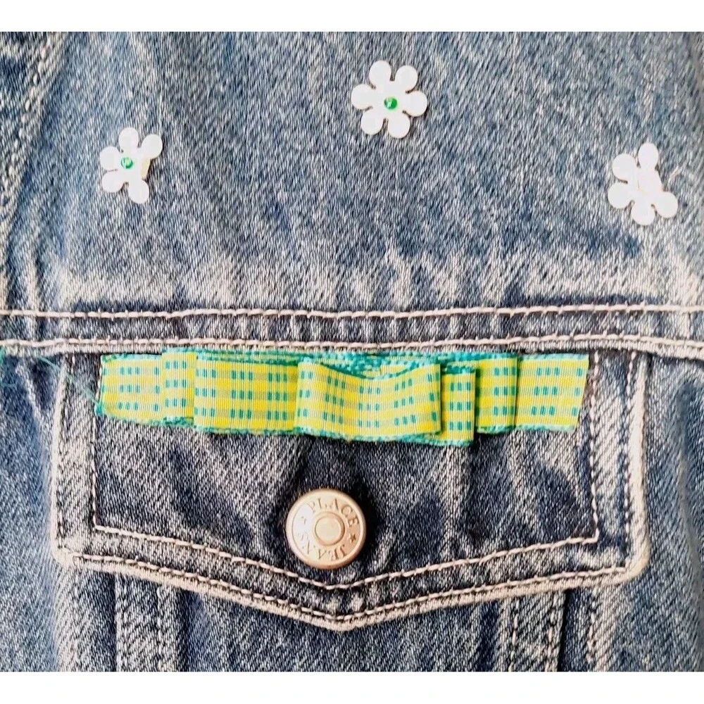 Girls Jean Jacket Spring Flowers Sequins Beads Ribbons Denim Size 7/8 M EUC